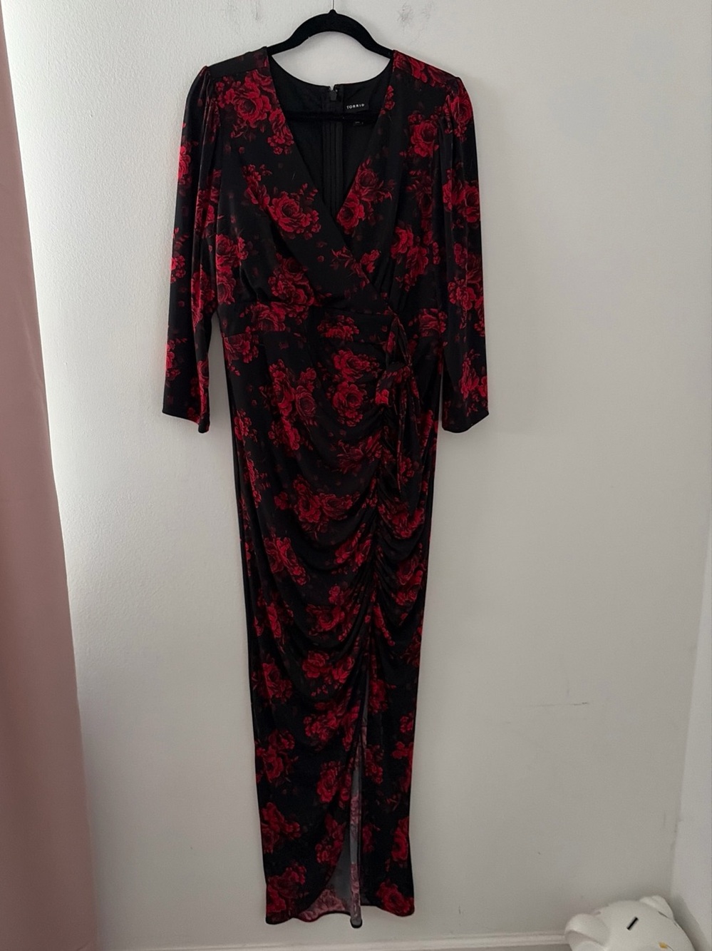 Torrid Red Rose Maxi Dress ruched slit